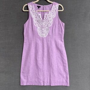 Talbots Dress 10‎ Petite Purple Linen Cotton Embroidered Sheath Pastel Easter